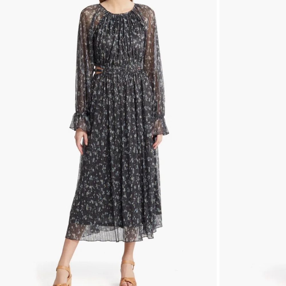 MOON RIVER Smocked Cutout Waist Long Sleeve Midi Dress